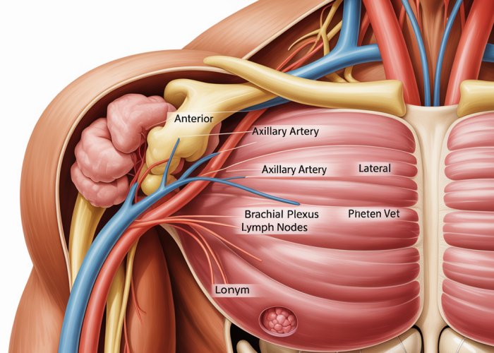 Anatomical illustration of the axilla showing anterior, posterior, medial, and lateral walls and internal structures like axillary artery, vein, and brachial plexus.