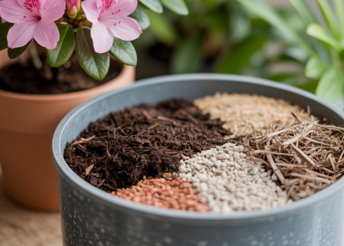 Homemade azalea soil mix showing peat moss, perlite, sand, and bark components.