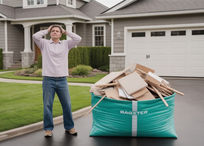 Frustrated homeowner next to a full Bagster bag, considering the cost of disposal.