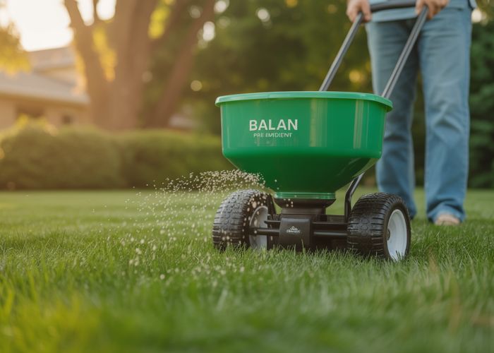 Man applying Balan pre-emergent herbicide to lawn with a spreader.