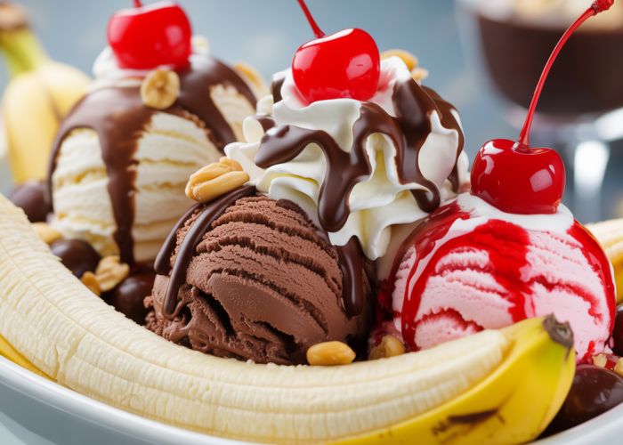 Classic Banana Split Dessert with Ice Cream, Chocolate Syrup, and Cherries
