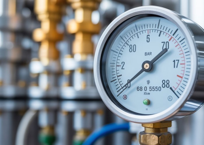 Precision pressure gauge reading in bar, used for monitoring industrial processes.