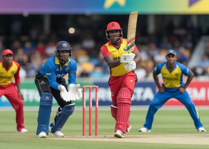 Intense cricket match between Barbados and Trinidad and Tobago, showcasing a key play.