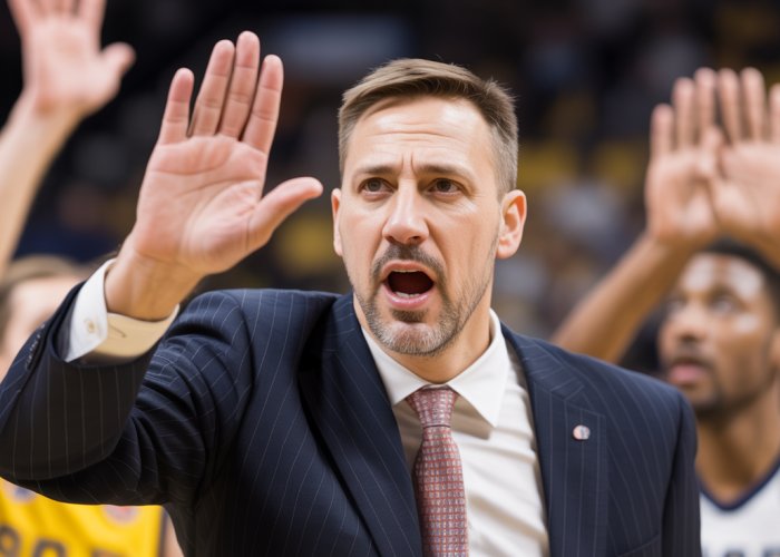 Basketball coach signaling timeout during intense game.