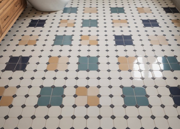 Bathroom floor with geometric tile layout featuring gray, white, and blue tiles.