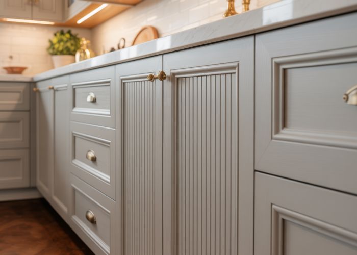 Close-up of kitchen cabinets with detailed beaded door fronts.
