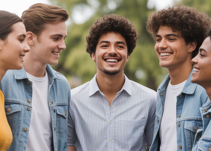 Group of happy young adults smiling and connecting, representing diverse facial features and the concept of beauty beyond conventional attractiveness scales.