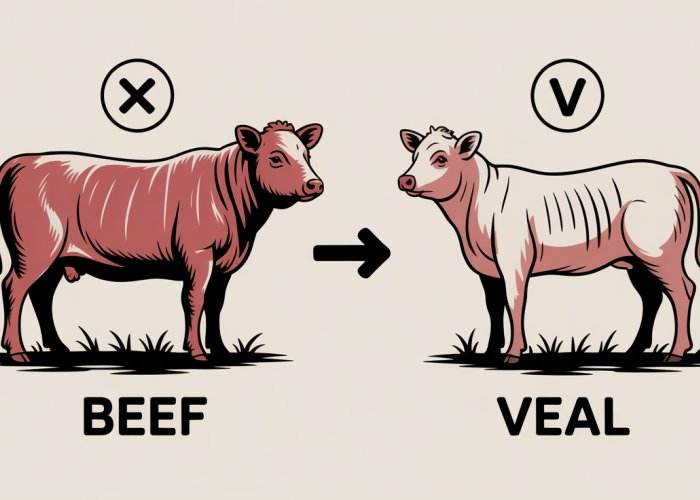 Side-by-side comparison of raw beef and veal, showing differences in color and marbling.