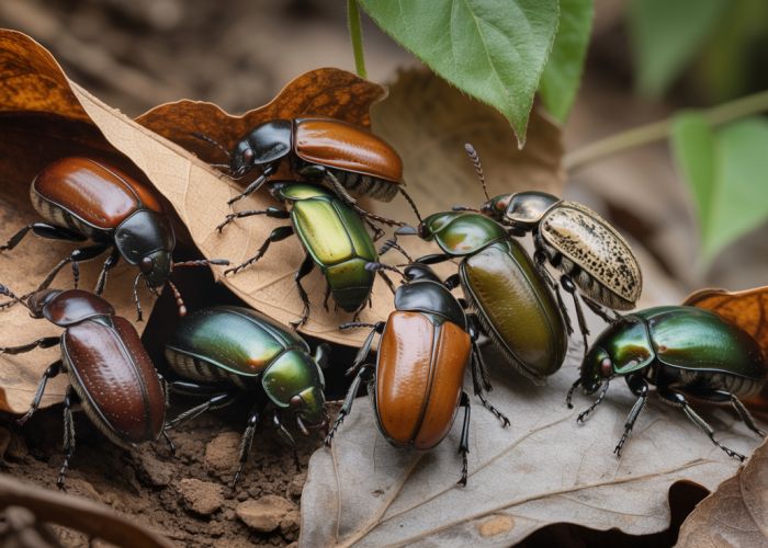 Beetles with different colored shells camouflage in a forest, illustrating natural selection.