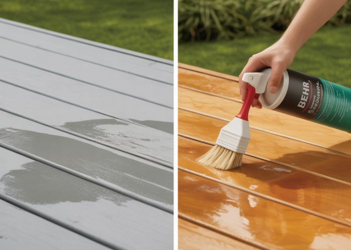 Before and after photo of a wood deck restored with Behr Wood Brightener, showing the removal of grey discoloration and return to natural wood tone.