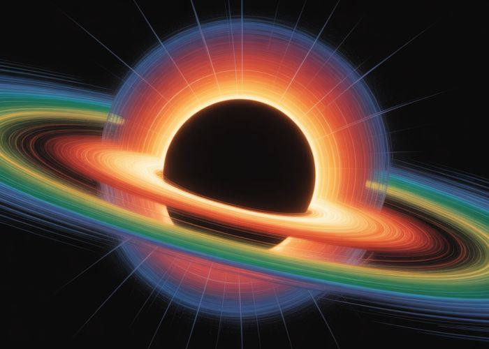 Artistic representation of a black hole radiating Hawking radiation, illustrating the concept of Bekenstein-Hawking entropy.