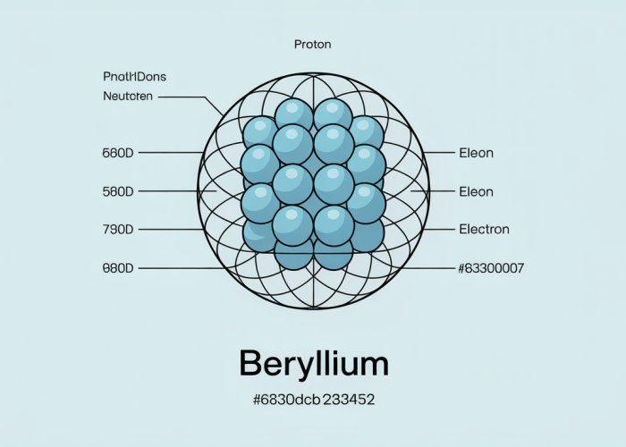Beryllium atom structure diagram showing 4 protons, 5 neutrons, and 4 electrons in two electron shells.