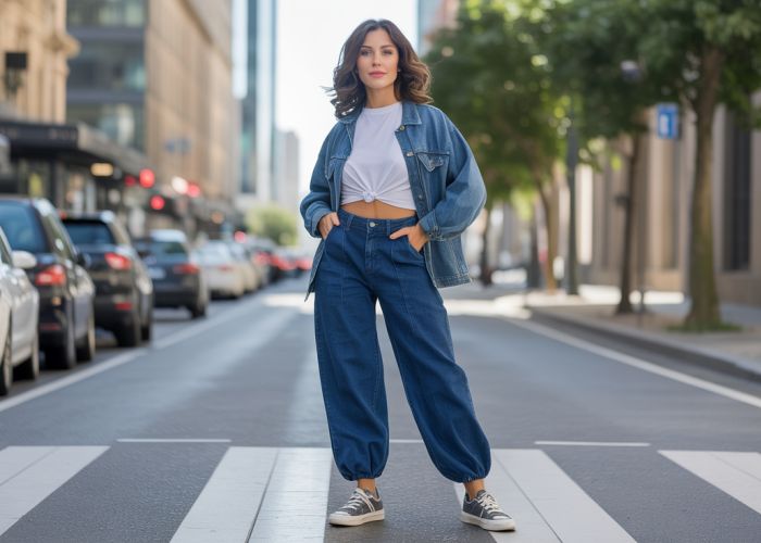 Woman in stylish balloon jeans, white tee, and sneakers in an urban setting.