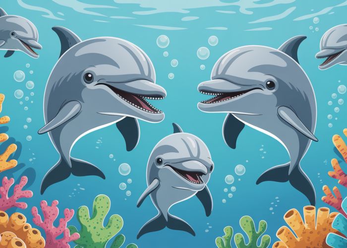 Cartoon dolphins with big foreheads playing in the ocean.