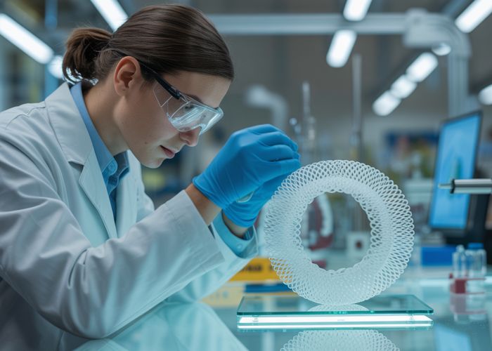 Scientist examining a 3D bioprinted structure, highlighting the impact factor of biofabrication research.