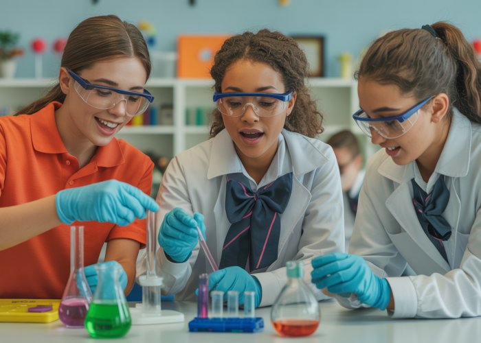 Students enthusiastically engage in a hands-on biology inquiry lab experiment, collaborating and problem-solving using lab equipment.