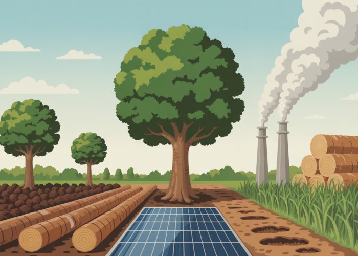 Image showing the negative impacts of biomass energy, including deforestation and pollution.