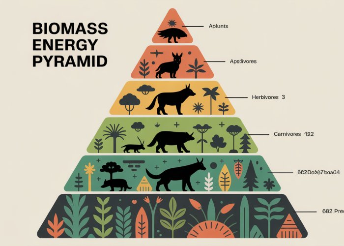 Biomass energy pyramid illustration showing the decreasing amount of biomass at each trophic level from plants to apex predators.