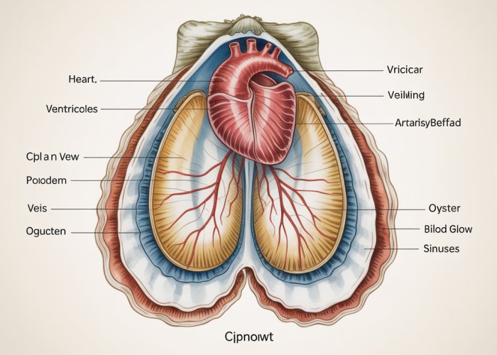 Anatomical illustration showing the circulatory system of a bivalve, including the heart, arteries, veins, and sinuses.