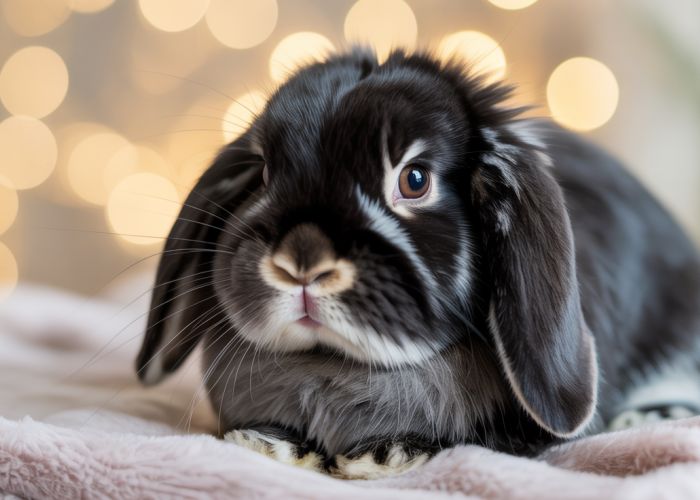 Black Holland Lop rabbit sitting on a gray blanket.