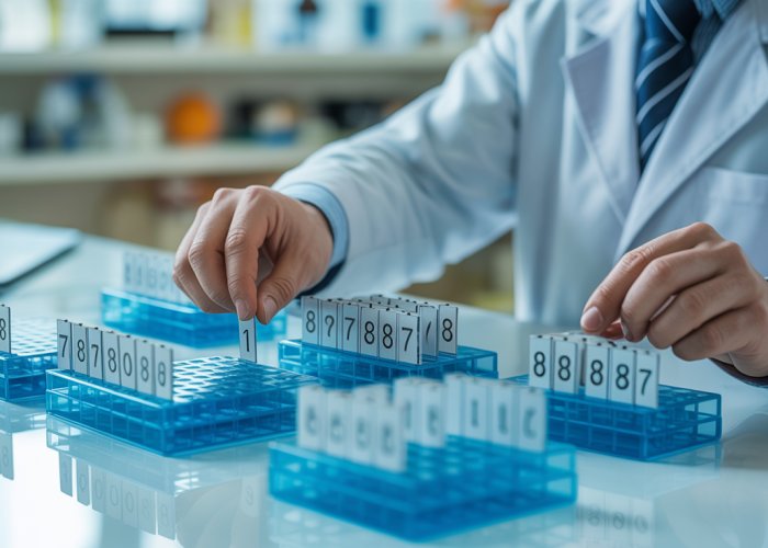 Statistician setting up a blocked experiment with numbered blocks in a laboratory.