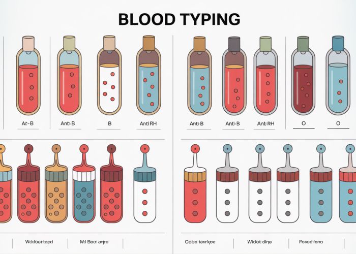 Illustration of a blood typing worksheet showing agglutination reactions for A, B, AB, and O blood types with anti-A, anti-B, and anti-Rh serums.