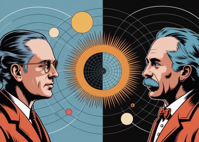 Stylized image symbolizing the Bohr-Einstein debates, depicting the clash between quantum mechanics and relativity.