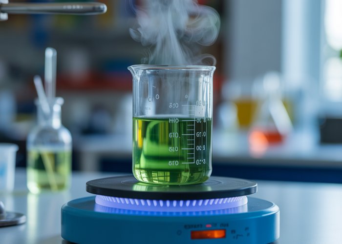 Steam rising from hydrochloric acid (HCl) being heated in a beaker, illustrating its boiling point.