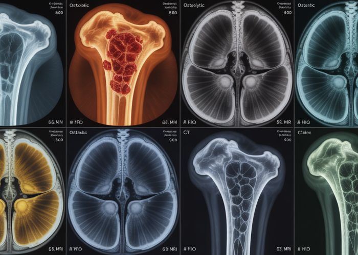 Radiology image showing different types of bone lesions: osteolytic, osteoblastic, and mixed, as seen on X-ray, CT and MRI scans.