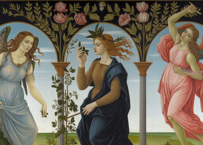 Detail of Sandro Botticelli's Primavera painting showing Venus, Flora, Zephyrus, and Chloris with symbolic elements.
