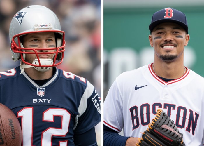 Collage of Tom Brady in a New England Patriots uniform and Mookie Betts in a Boston Red Sox uniform, side-by-side, with the Boston skyline in the background.