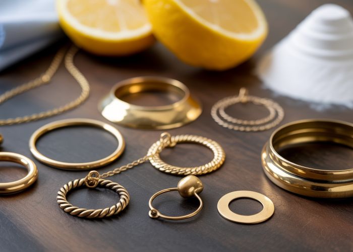 Close-up comparison of tarnished and clean brass jewelry. Showcases the effects of tarnish and potential cleaning solutions.