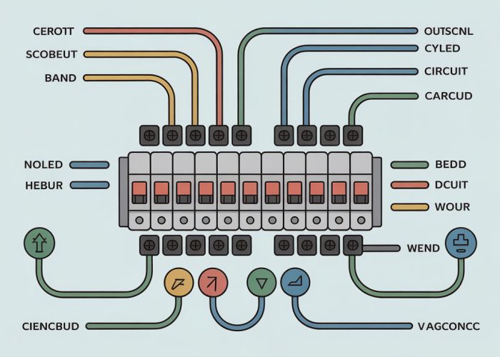 Residential breaker box diagram with labeled circuits and components.