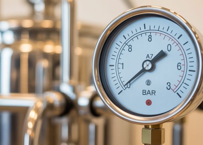 Pressure gauge reading just under 1 bar on a stainless steel brewing system.