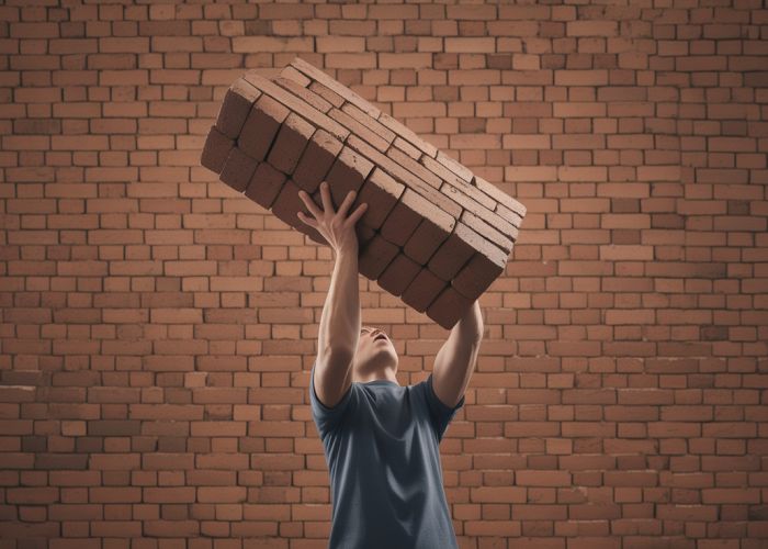 Person struggling to lift a single brick in front of a large brick wall, illustrating the unexpected weight of a seemingly small object and the density of brick construction.