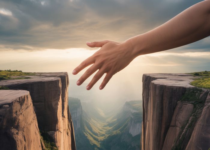 Hand reaching across a chasm symbolizing finding common ground when presenting counter arguments.