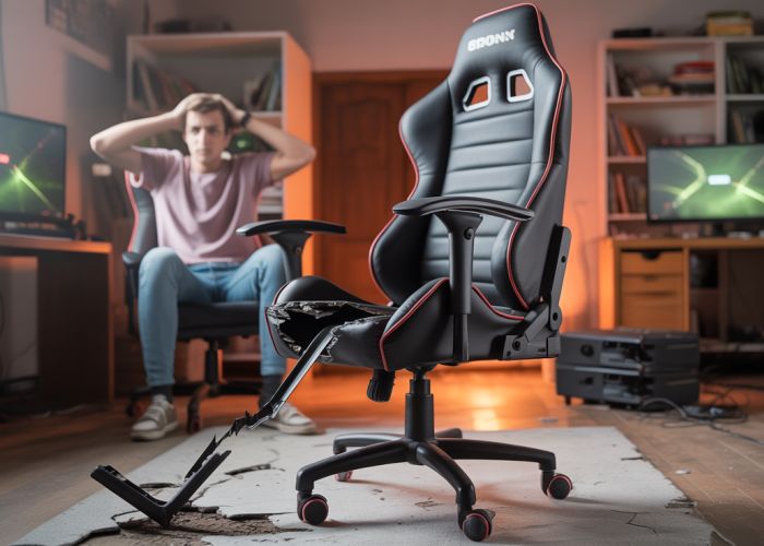 Close-up of a broken gaming chair with torn fabric and a detached wheel, suggesting gaming discomfort.