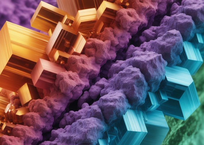 Close-up of bromine and iodine crystals showing purple and reddish-brown hues.