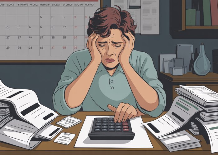 Person stressed over bills and calculator representing budget constraints.