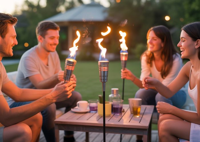 Friends enjoying a bug-free evening on the patio thanks to bug repellent torches.