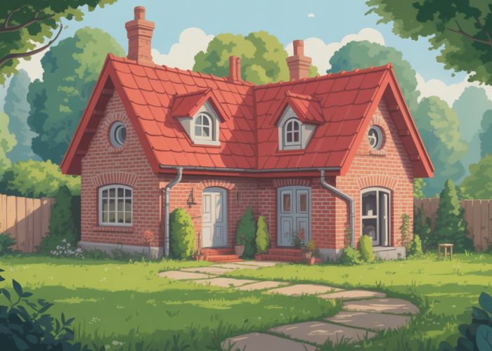 Charming building brick house with red roof and lush garden.