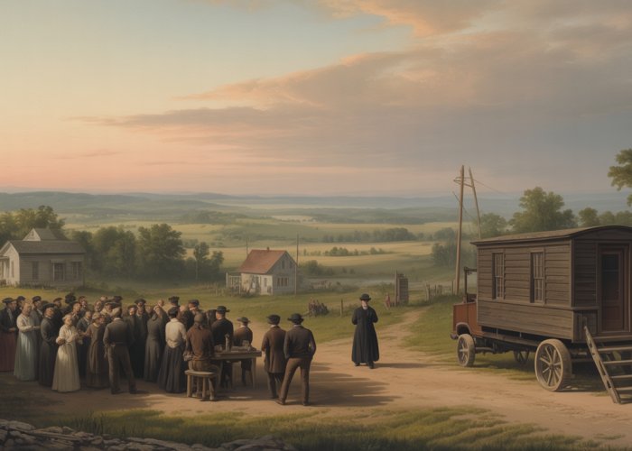 Historical depiction of a religious revival meeting in the Burned-over District, New York, in the early 1800s.