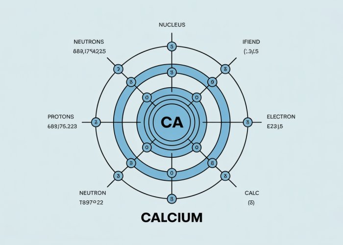 Bohr Diagram of Calcium (Ca) showing nucleus with protons and neutrons, and electron shells containing 2, 8, 8, and 2 electrons respectively.