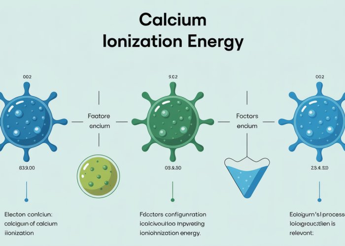 Infographic explaining calcium ionization energy, electron configuration, influencing factors, and biological applications.