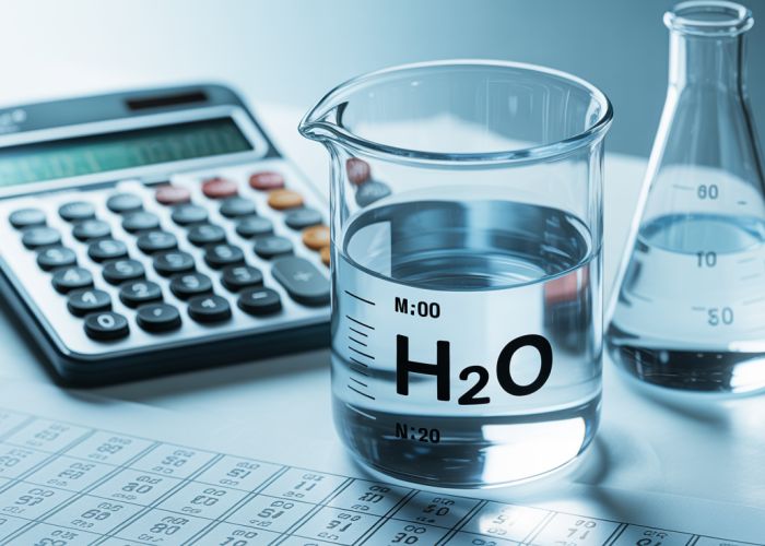 Calculating the molar mass of water (H2O) using a periodic table and calculator.