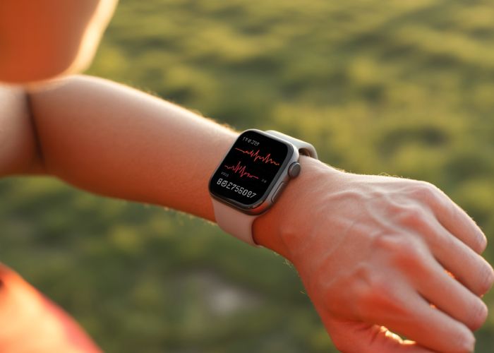 Smartwatch displaying RR interval data during exercise.