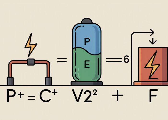 Illustration of the capacitor power formula: P = 0.5 * C * V^2 * f. Shows a circuit diagram highlighting capacitance, voltage, and frequency influence on power.