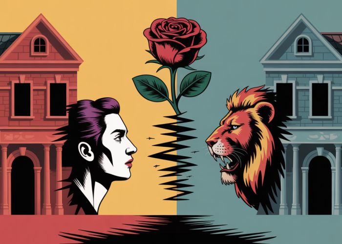 Abstract art depicting the Capulet and Montague family feud, featuring clashing colors and symbolic imagery of fractured homes and opposing forces.