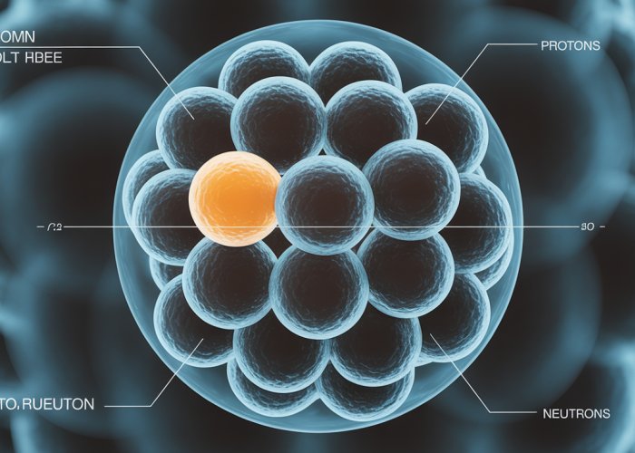 Illustration of a carbon-12 atom nucleus showing protons and neutrons held together by the strong nuclear force.