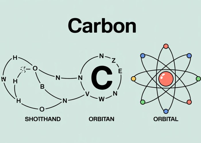 Electron configuration diagram of a carbon atom, showing both shorthand notation (1s² 2s² 2p²) and orbital diagrams.